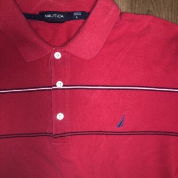 Nautica LARGE Polo Red Striped Collared Performance Deck Shirt w logo Men's - Picture 1 of 10